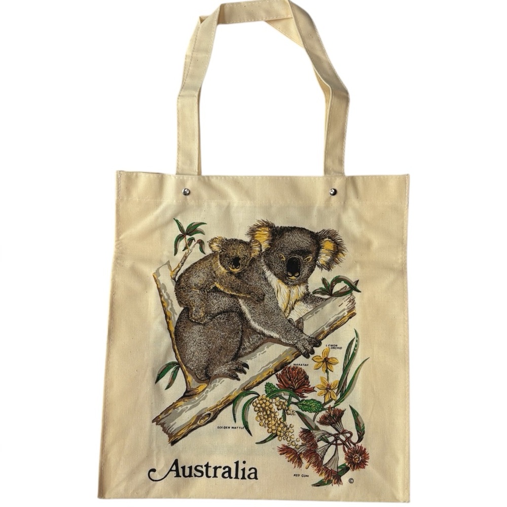 Australian Wildlife Koala Kangaroo & Native Plants 14” Cream Canvas Tote Bag